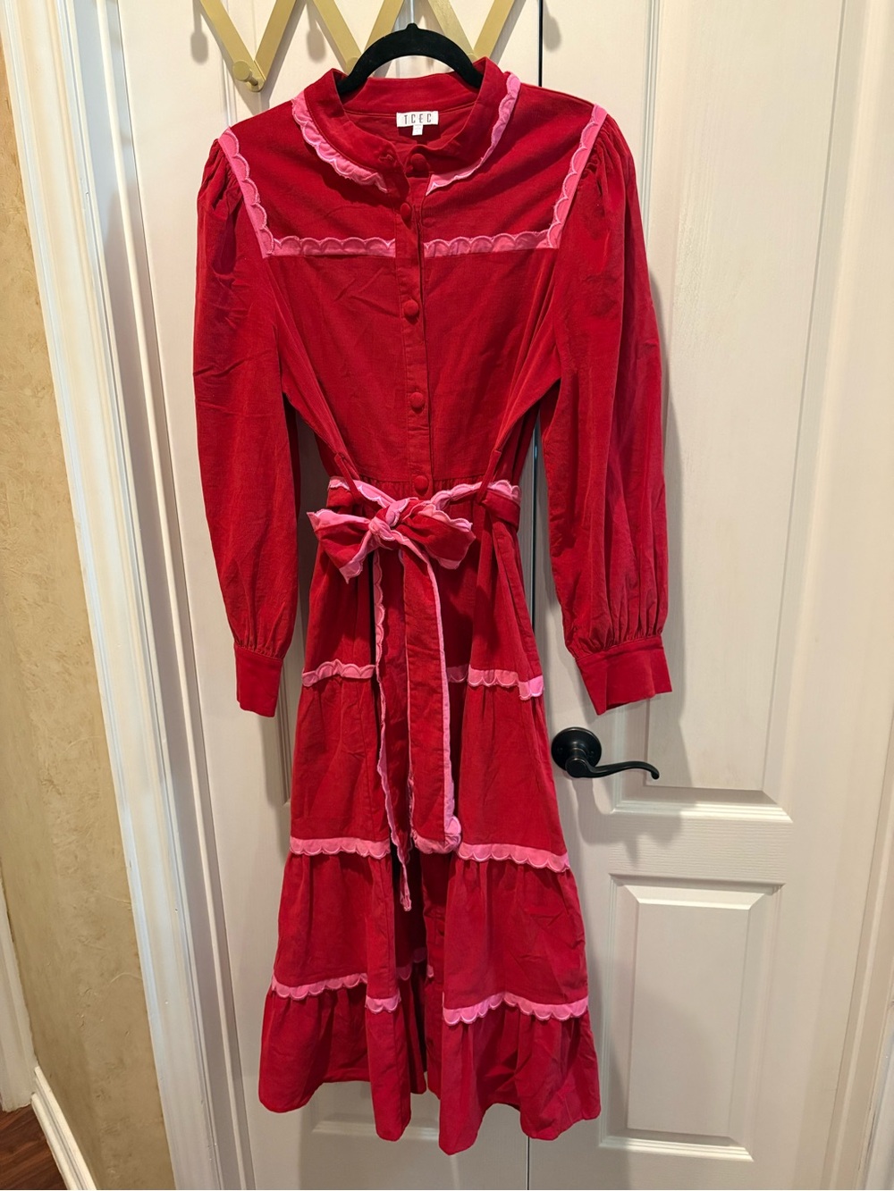 TCEC Red Velvet Long-Sleeve Tiered Dress with Pink Trim